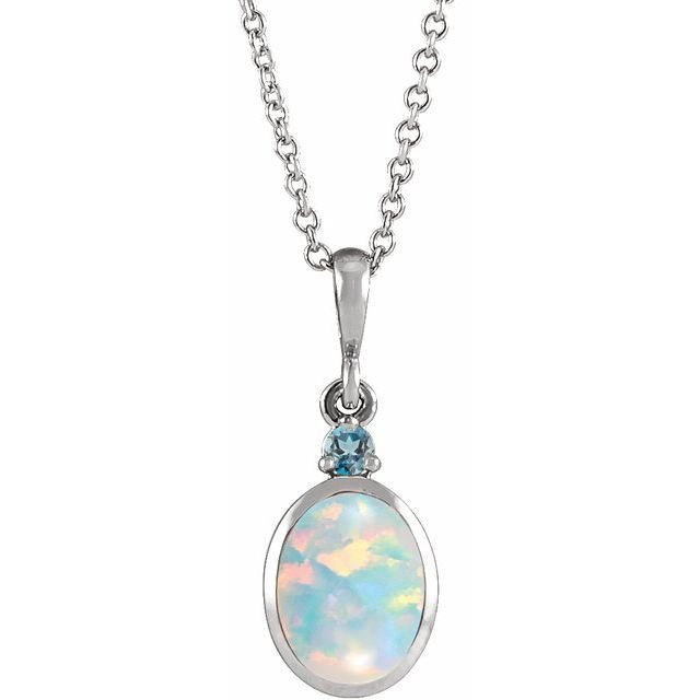 Sterling Silver 6x4 mm Lab-Grown White Opal & Natural London Blue Topaz 16-18' Necklace