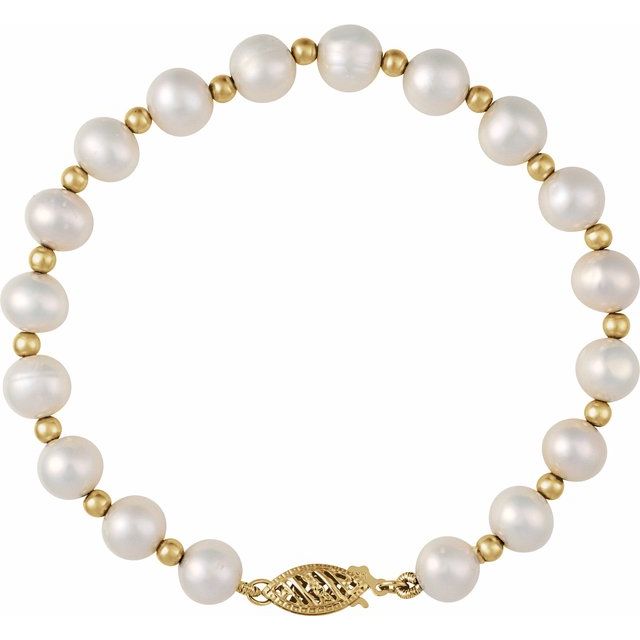 14K Yellow Cultured White Freshwater Pearl 7 1/4' Bracelet
