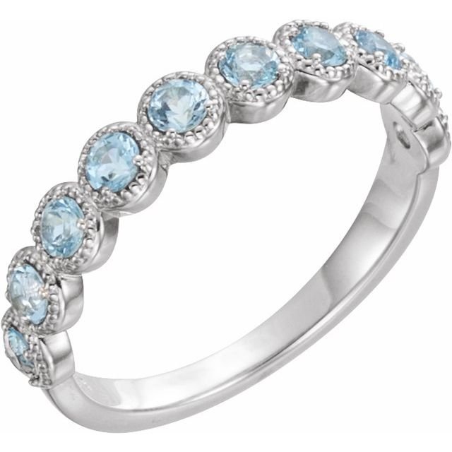14K White Natural Aquamarine Beaded Ring