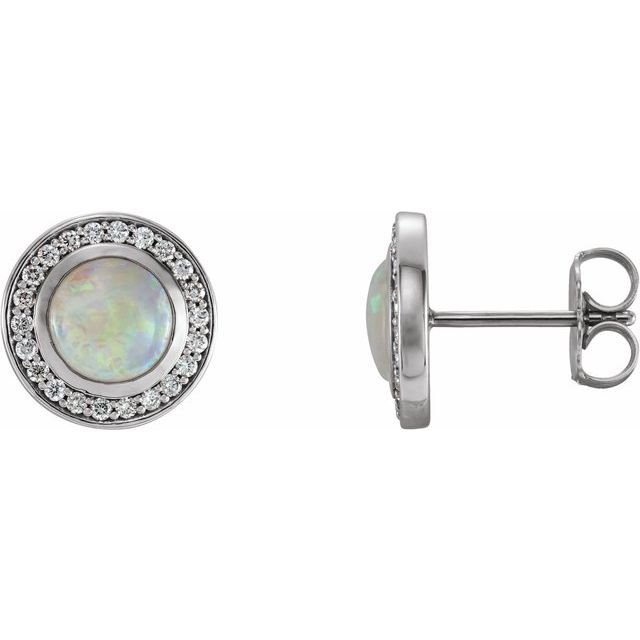 14K White 5 mm Natural White Opal & 1/6 CTW Natural Diamond Halo-Style Earrings
