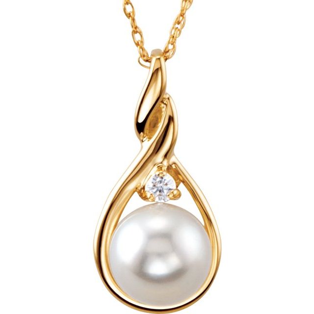 14K Yellow Cultured White Akoya Pearl & .03 CTW Natural Diamond 18' Necklace