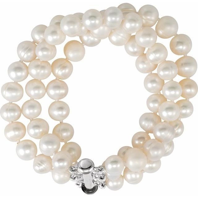 Sterling Silver Cultured White Freshwater Pearl Triple Strand 7 1/4' Bracelet