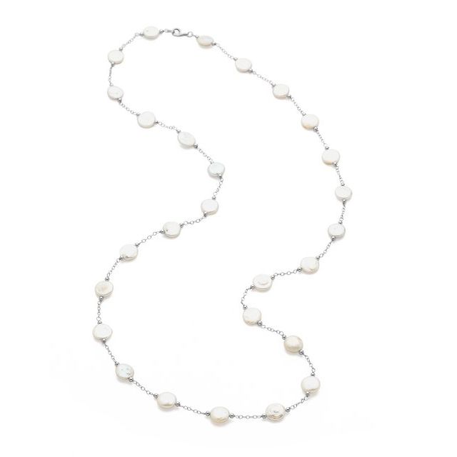 Sterling Silver 12-13 mm Cultured White Freshwater Pearl Coin 38' Necklace