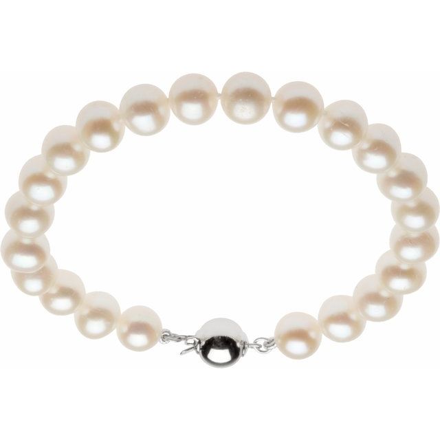 Sterling Silver 8-9 mm Cultured White Freshwater Pearl 7 3/4' Bracelet