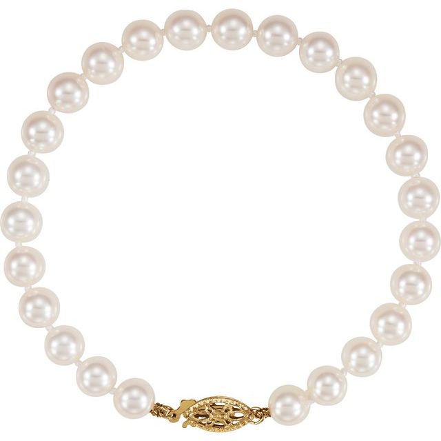 14K Yellow Cultured White Akoya Pearl 7' Bracelet