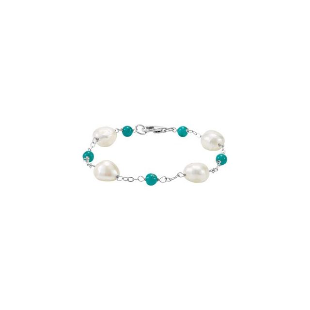 Sterling Silver Cultured White Freshwater Pearl & Natural Turquoise Station 7 1/2' Bracelet