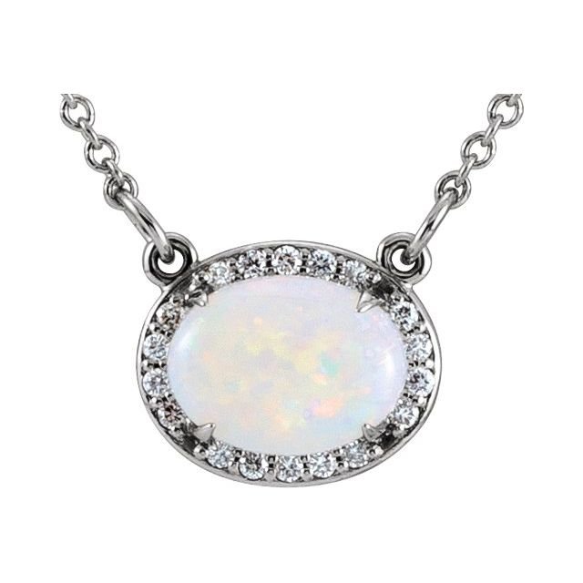 14K White Natural White Opal & .07 CTW Natural Diamond Halo-Style 16 1/2' Necklace