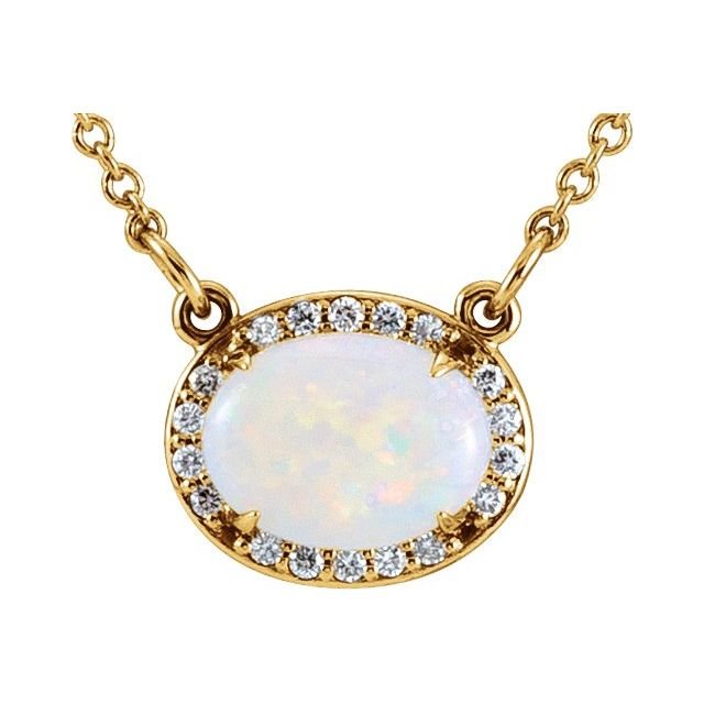 14K Yellow Natura White Opal & .07 CTW Natural Diamond Halo-Style 16 1/2' Necklace