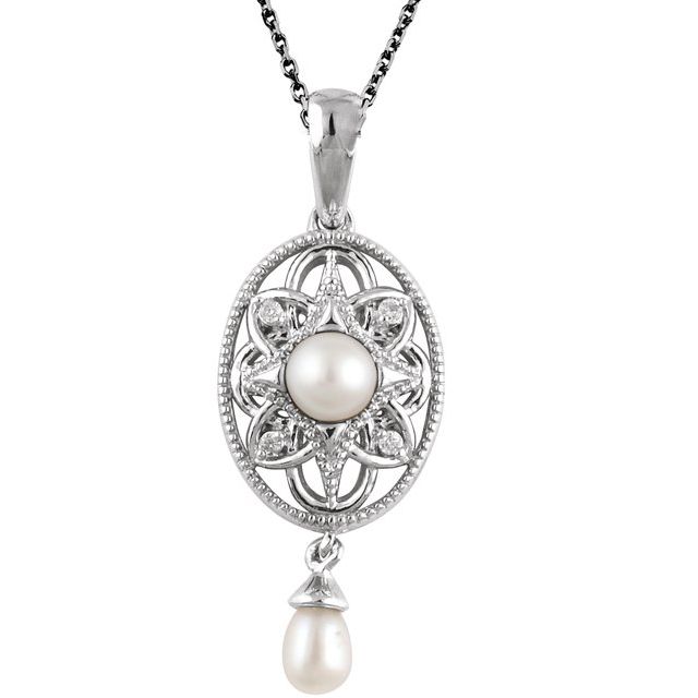Sterling Silver Cultured White Freshwater Pearl & .025 CTW Natural Diamond 18' Necklace