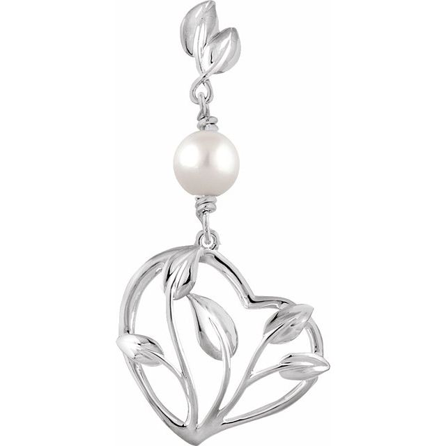 14K White Cultured White Freshwater Pearl Leaf Heart Pendant