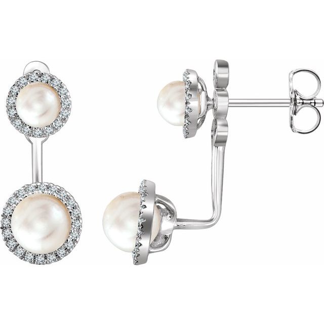 14K White Cultured White Freshwater Pearl & 1/5 CTW Natural Diamond Halo-Style Earrings
