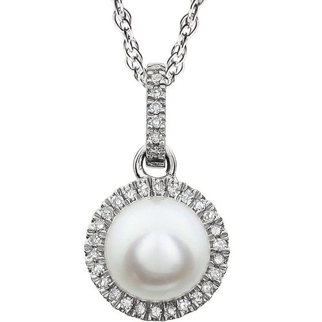 14K White Cultured White Freshwater Pearl & 1/10 CTW Natural Diamond 18' Necklace