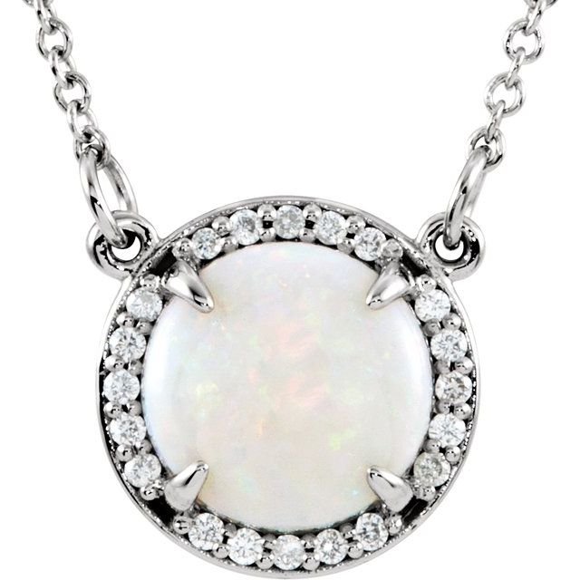 14K White Natural White Opal & .05 CTW Natural Diamond 16' Necklace