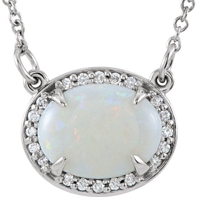 14K White Natural White Opal & .05 CTW Natural Diamond Halo-Style 16 1/2' Necklace