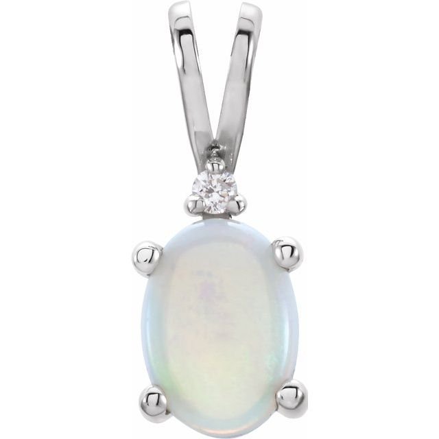 14K White Natural White Opal & .01 CT Natural Diamond Pendant