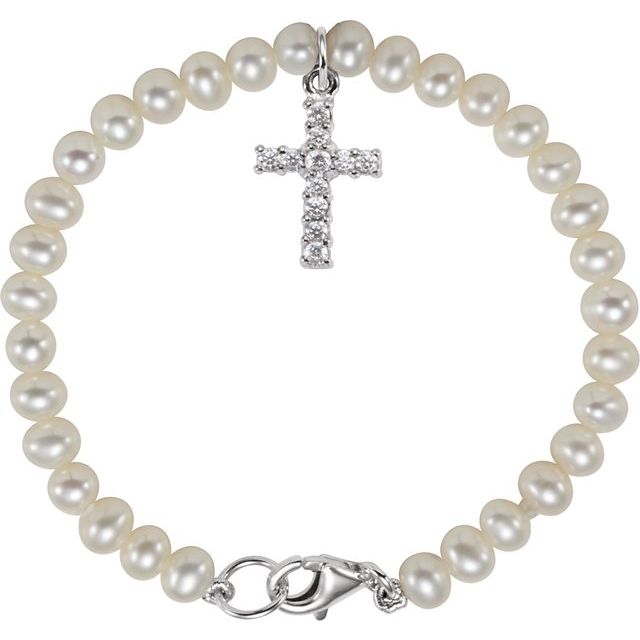 Sterling Silver Cultured White Freshwater Pearl & Imitation White Cubic Zirconia Cross 5 1/2' Bracelet