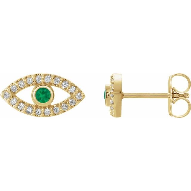 14K Yellow Natural Emerald & Natural White Sapphire Evil Eye Earrings