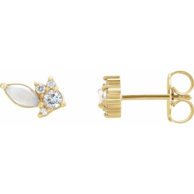 14K Yellow Australian Natural White Opal & 1/6 CTW Natural Diamond Cluster Earrings
