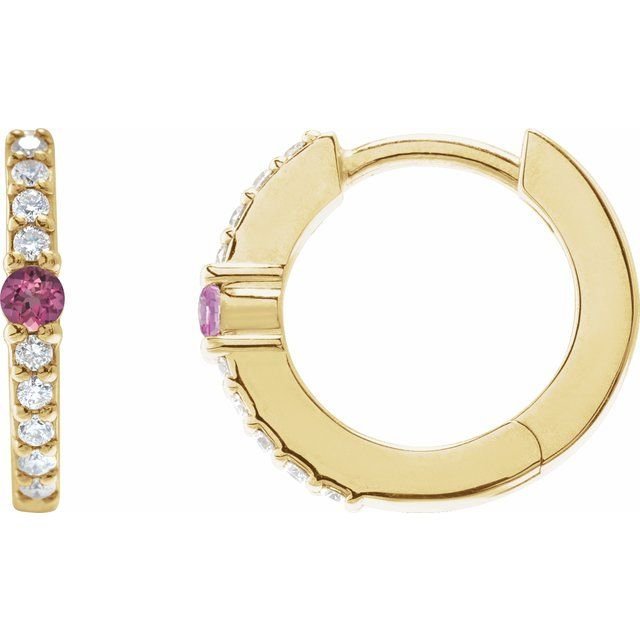 14K Yellow Natural Pink Tourmaline & 1/8 CTW Natural Diamond 13.6 mm Hoop Earring