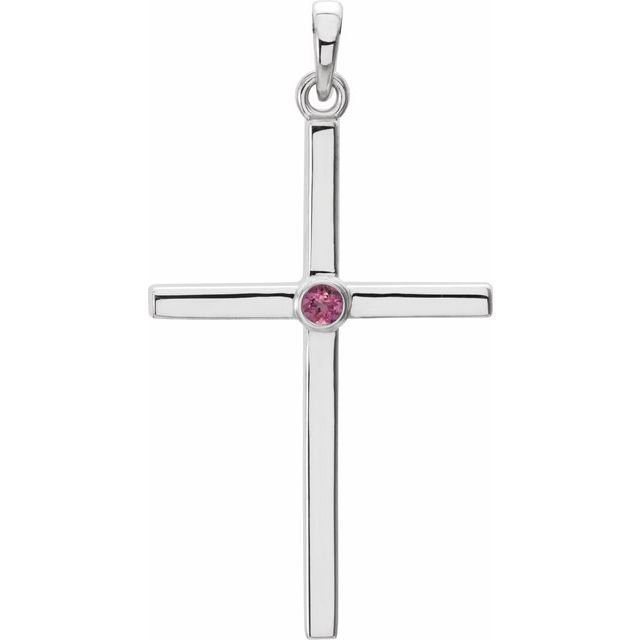 14K White Natural Pink Tourmaline Cross Pendant