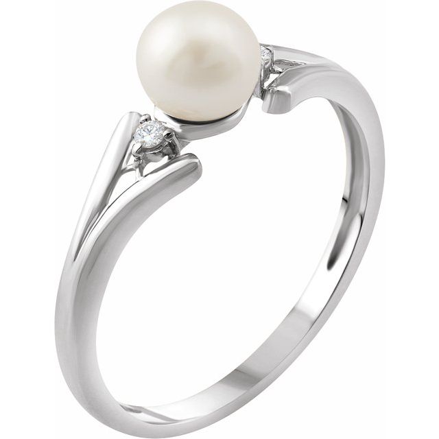 14K White Cultured White Freshwater Pearl & .03 CTW Natural Diamond Ring