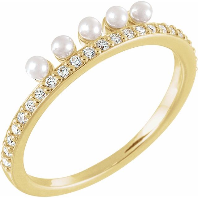 14K Yellow Cultured White Freshwater Pearl & 1/5 CTW Natural Diamond Stackable Ring