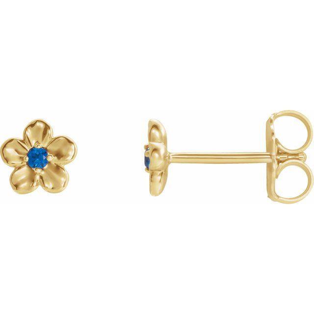 14K Yellow Imitation Blue Sapphire September Birthstone Flower Earrings