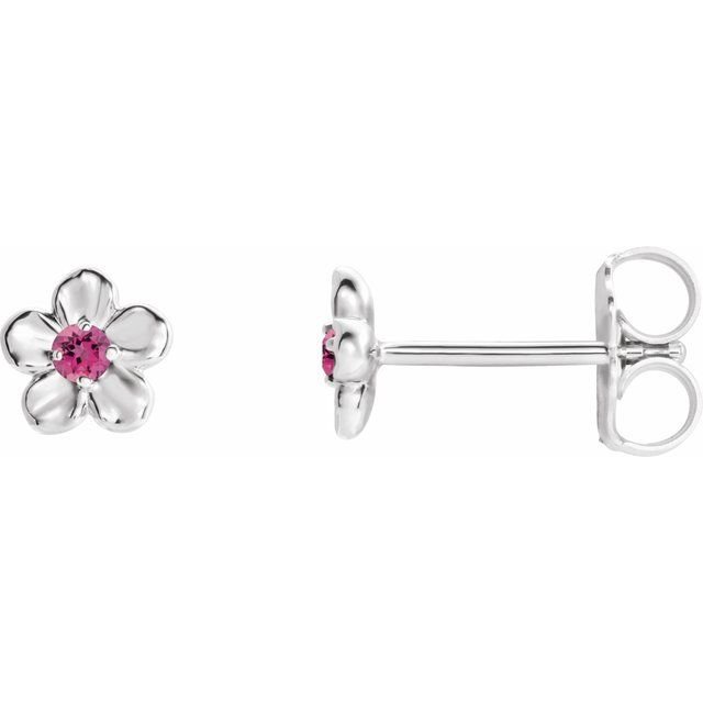 14K White Imitation Pink Tourmaline October Birthstone Flower Earrings