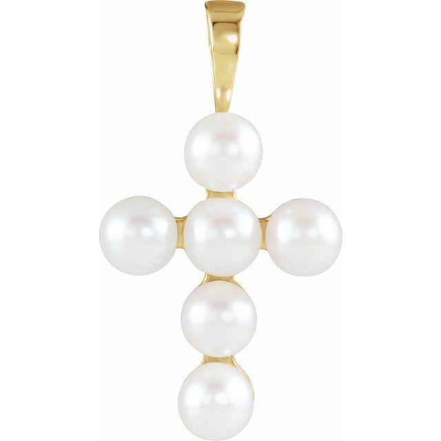 14K Yellow Cultured White Freshwater Pearl Cross Pendant