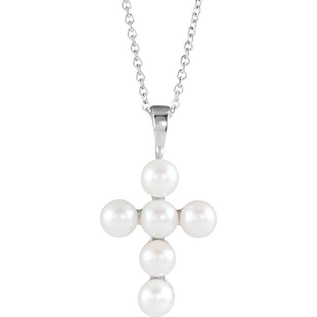 14K White Cultured White Freshwater Pearl Cross 16-18' Necklace