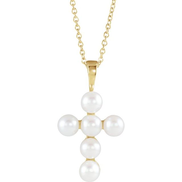 14K Yellow Cultured White Freshwater Pearl Cross 16-18' Necklace